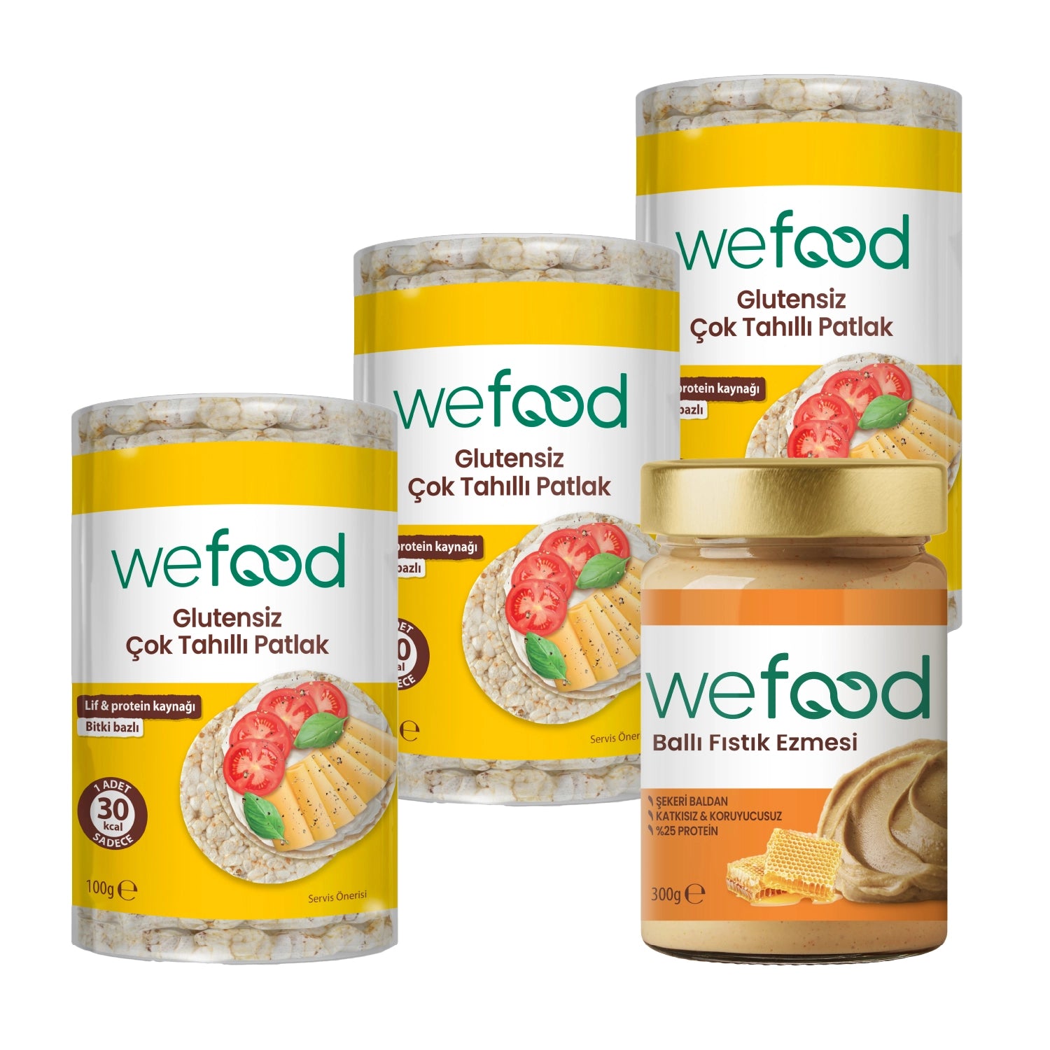 Wefood Şekersiz Ham Ballı Fıstık Ezmesi 300 gr + Wefood Glutensiz Çok Tahıllı Patlak 100 gr 3'lü